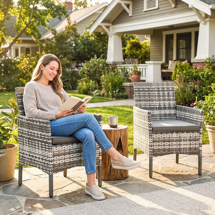 Набір з 2 садово-розкішних крісел з ротангу (поліротанг) для саду. Включає 2 крісла, знімні подушки та сталевий каркас. Колір: сірий.