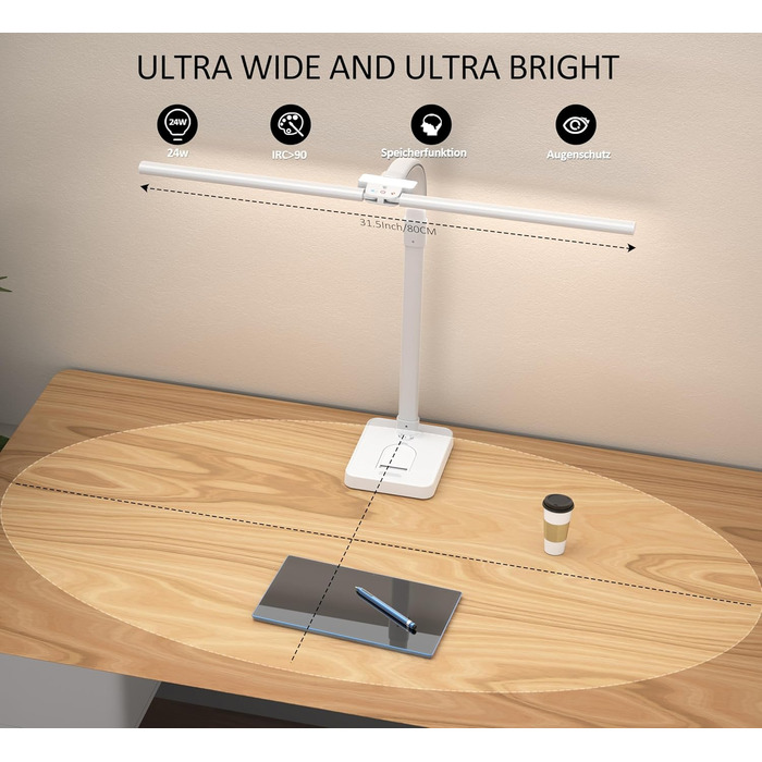 LED настільна лампа LOTTBUTY з диммуванням, 24W, 80см, для офісу та дому, з гнушим шийкою та тримачем для телефону (біла)