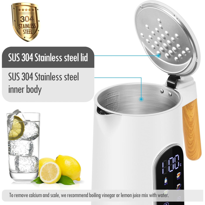 Електричний чайник ForMe з нержавіючої сталі, 1.7 л, регулювання температури 40-100°C, LED дисплей, функція підтримання тепла, BPA Free, білий