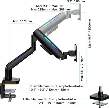Кріплення для монітора ARES WING Ergonomic RGB, 17-49 дюймів, регульоване по висоті, поворотне, нахилене, RGB LED (білий/чорний)