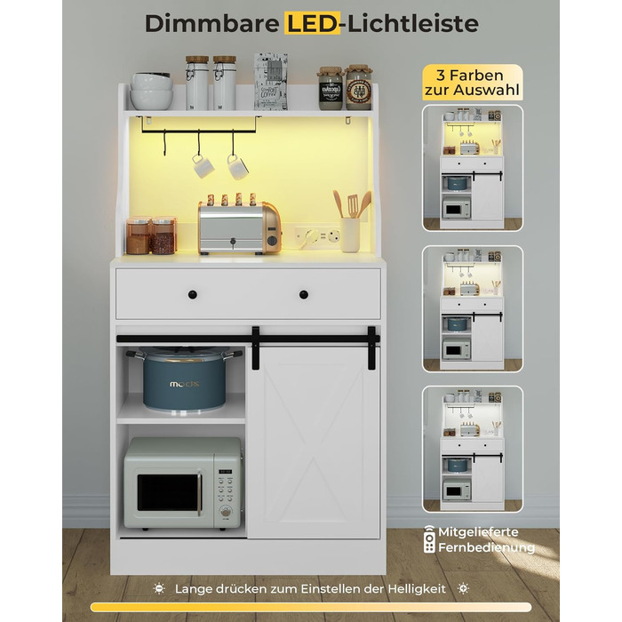 Буфет-шафа з робочою поверхнею, велика шухляда, регульовані полиці, 3 гачки, LED-підсвічування, для кухні, вітальні, їдальні (білий)