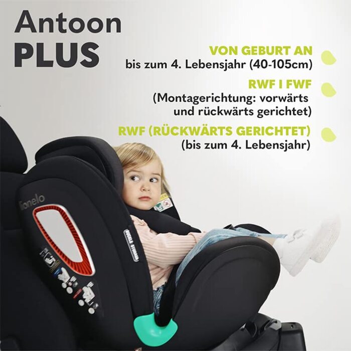 Дитяче крісло LIONELO Antoon PLUS ADAC, Isofix і опорна ніжка, вагова група від 0 до 18 кг, 5-точковий ремінь вперед і назад, поворотна основа на 360 градусів, вставка Dri-Seat, навіс