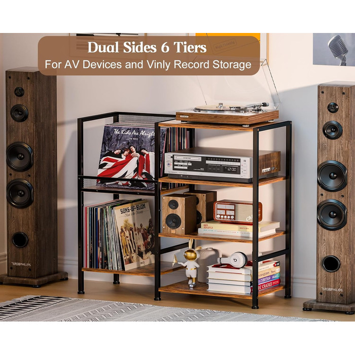 Підставка для програвача з полицями для вінілових платівок, до 200+ альбомів, медіа-тумба, консольний столик, стійка для аудіо-відео, підставка для програвача, полиця в стилі рустік, коричнева, компактна