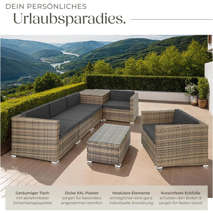 Набір садово-розсувний меблів tectake з коробкою для зберігання подушок, стіл зі скляною стільницею, ротанговий лаунж для саду та балкону | 403725