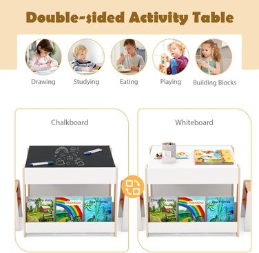 Дитячий стіл LIFEZEAL 3 в 1 з 2 стільцями: стіл для малювання, активностей та ігор. Дерев'яна дитяча група з місцем для зберігання (натуральний колір)