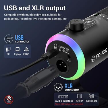 Мікрофон ігровий FDUCE з USB/XLR підключенням, RGB-підсвічуванням та регулюванням Gain для стрімінгу, запису подкастів та ігор (D30+)