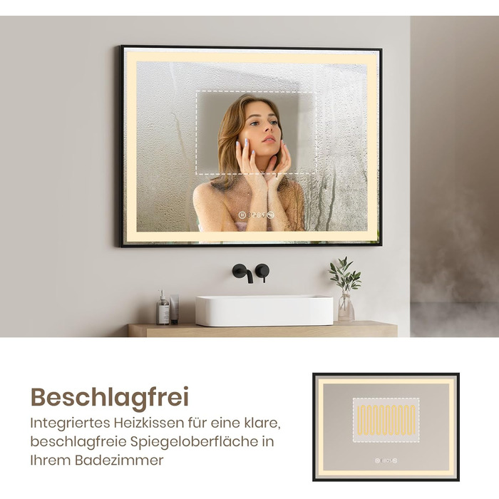 Дзеркало для ванної кімнати EMKE з підсвічуванням 70x50 см, чорне, сенсорне, регульоване, проти запотівання, годинник, пам'ять, нейтральне світло 4300K, енергозберігаюче, IP44