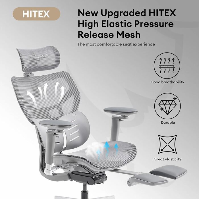 Офісний крісло MUSSO X700 з підтримкою попереку GlideTrack, 6D підлокітники, 4D підголівник, ковзне сидіння та підставка для ніг – інтелектуальний комфорт для роботи, навчання та геймінгу (світло-сірий)