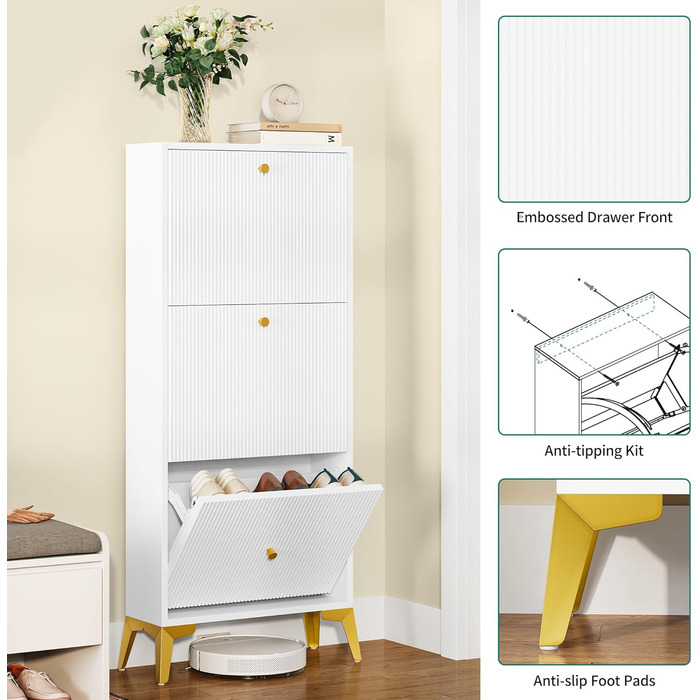 Шафа для взуття YITAHOME з 3 висувними ящиками, біла, вузька, з металевими ніжками, 20x50x118.5 см