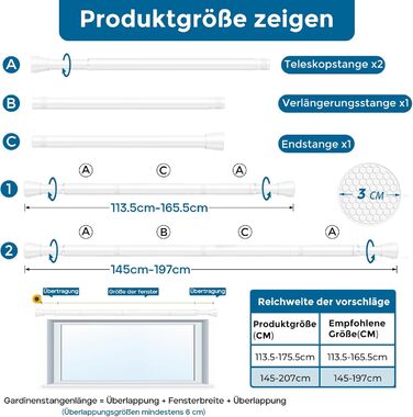 Штанга для штор без свердління AIZESI, 113-197 см, телескопічна, діаметр 22 мм, біла