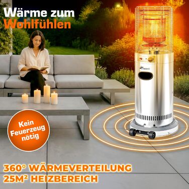 Газовий обігрівач TRESKO® 11 кВт на колесах | Обігрівач для тераси, балкона та саду | Газовий нагрівач-гриб з шлангом та регулятором (сріблястий)