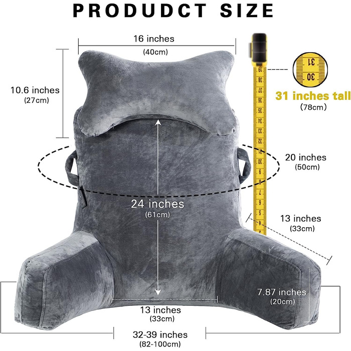 Велике крісло-мішок для читання, 78.7 см, з підголовником та підлокітниками, сіре, для читання та відпочинку
