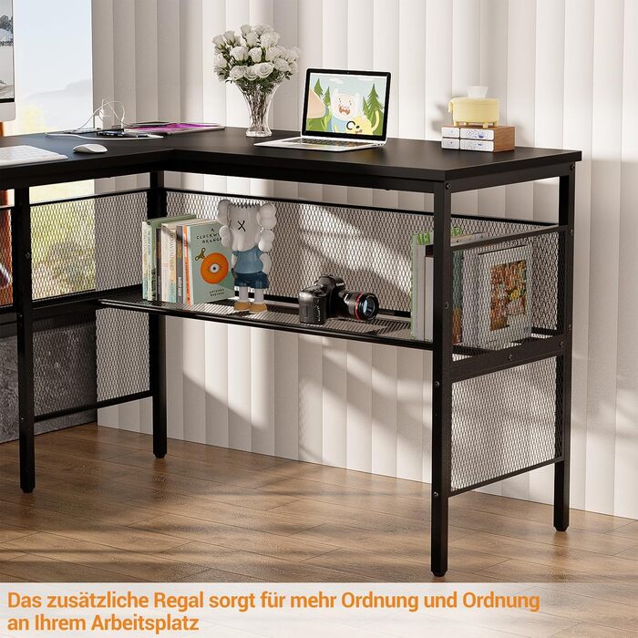 L-подібний ігровий стіл, 141x117x76 см, з полицею, для дому, офісу, навчання, ігор, чорний