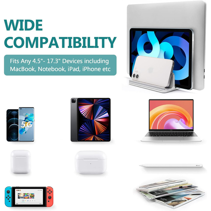 Вертикальна підставка для ноутбука Metal з 4 слотами, регульована, для MacBook, HP, Chromebook (до 44.5 см) – срібна