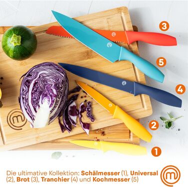 Набір ножів MasterChef 5-ти частинний: кухарський, хлібний, сатокі, овочевий, універсальний. З нержавіючої сталі, гострі, чорний, Soft-Touch ручки.