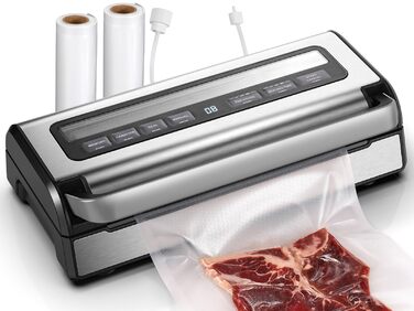Вакууматор для продуктів 9-в-1 з потужністю 95 кПа, регулюванням часу та тиску, функцією пам'яті, подвійним запаянням, вбудованим різаком та відсіком для пакетів, корпус із нержавіючої сталі, у комплекті 2 ролини та шланг