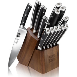 Набір кухонних ножів SHAN ZU з бруском, 14 предметів. Професійний німецький набір ножів для кухні з бруском, дерев'яний, сріблястий.