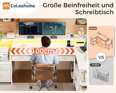 Комп'ютерний стіл кутовий Coleshome з шухлядами, 195x100 см, з розеткою, LED-підсвіткою та підставкою для монітора, реверсивний, з полицею для офісу