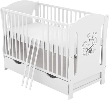 Дитяче ліжко Baby Delux 60x120 біле розкладне молодше ліжко з ящиком, матрацом і мотивом Teddy Rocker