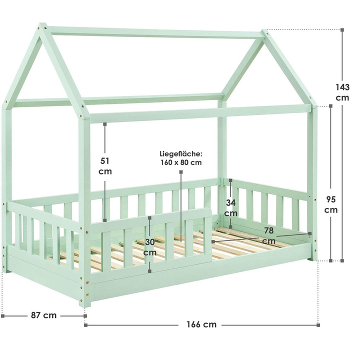 Дитяче ліжко Juskys Marli 80 х 160 см із захистом від падіння, рейковим каркасом та дахом - Дитяче ліжко-будиночок з масиву дерева - Ліжко в (М'ята)
