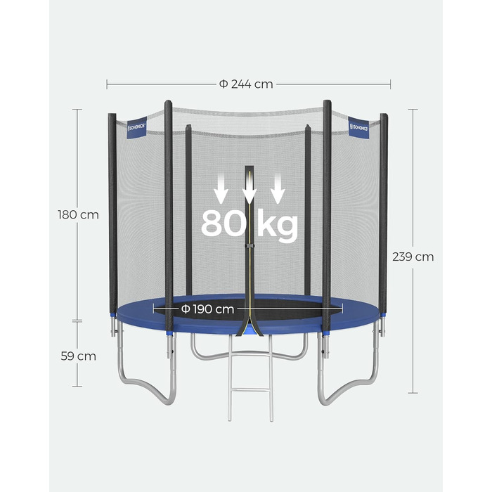 Батут SONGMICS для саду Ø244 см з захисною сіткою, драбиною та м'якими стійками, блакитний