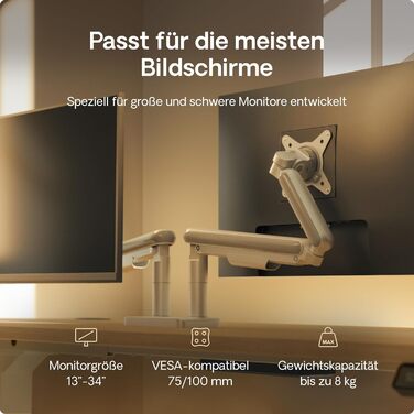 Кріплення для монітора Desktronic, до 32 дюймів, 8 кг, 360° обертання, регулювання висоти, міцна конструкція, проста установка, для великих моніторів, ергономічне, VESA 75/100 (білий, ДВОЙНЕ)