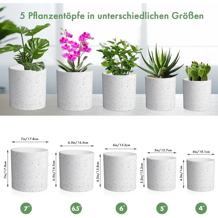 5 шт. Набір горщиків для квітів з підставкою, 17.8/15.2/14/12.7/10.2 см, пластикові горщики для рослин, гідропоніка, набір горщиків для квітів, ідеально підходить для внутрішніх та балконних садів, зелений з коричневим піддоном (7+6+5.5+5+4 дюйми (5 шт), білий спрей)