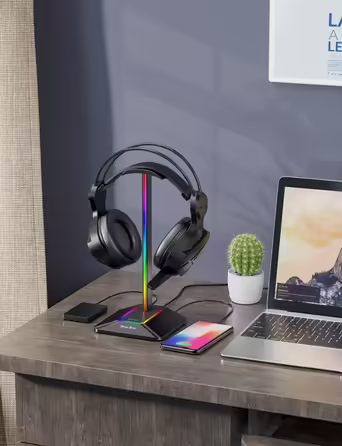 Підставка для навушників New Bee з RGB підсвіткою, USB Type-C зарядкою та передачею даних, універсальний тримач для геймерських навушників, чорний