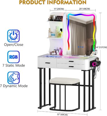 Туалетний столик Figbird з дзеркалом, RGB LED, табурет, ящики, скляна стільниця, підставка для губної помади та фена