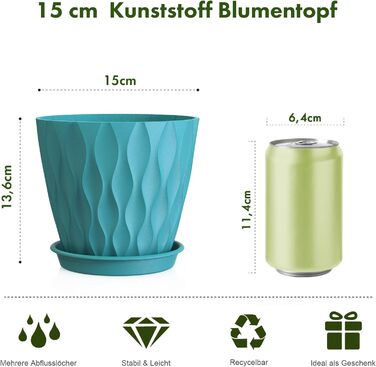 Набір горщиків для квітів 20 см, 5 шт. - пластикові горщики з піддонами та дренажними отворами, 3D-фактура, для монстери, герані та кімнатних рослин, (різні кольори, Ø 15 см, 5 шт.)