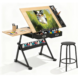 Набір мольбертів Magshion: регульований стіл для художника з нахиленою дерев'яною столешницею, ящиками та стільцем. Підходить для дому, офісу та школи (білий/чорний)
