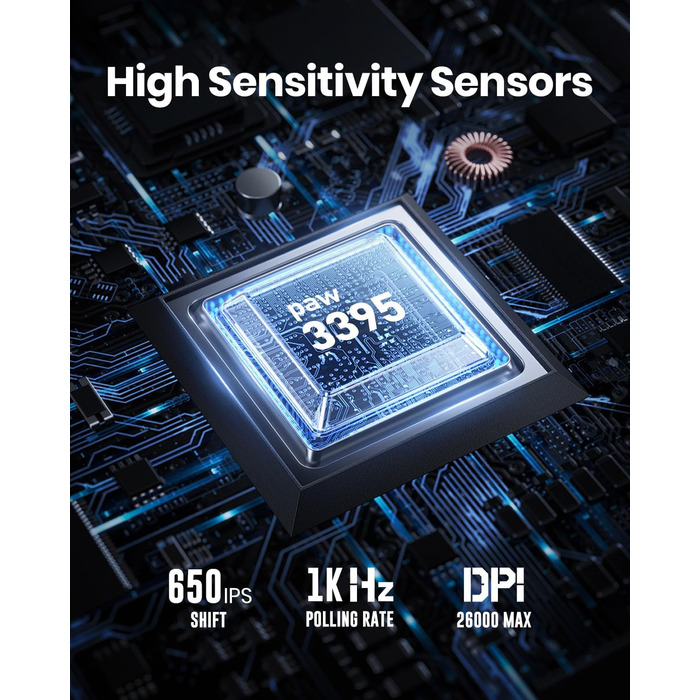 GravaStar Mercury M2 Бездротова ігрова миша з 26000 DPI, сенсор PAW3395, 79г, 5 RGB-режимів, 5 програмованих кнопок, Tri-Mode (2.4GHz/Bluetooth/кабель), для PC/Mac – (Прозорий чорний)