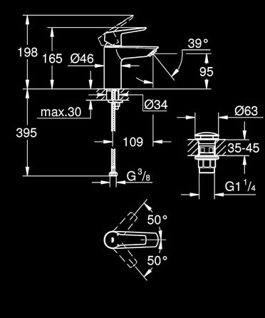 Змішувач для ванної кімнати Grohe Start, економічний, з холодною водою в середній позиції, з висувним зливом, 17 см, хром, 23551002 (Push-Open, економія води)