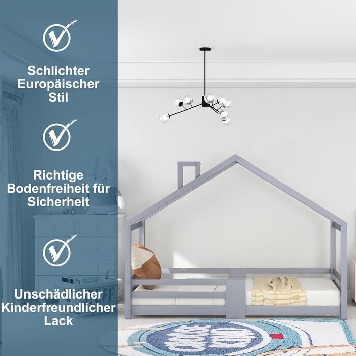 Двоярусне ліжко Moimhear для дітей, 90x200 см, будиночок з сосни (сірий)