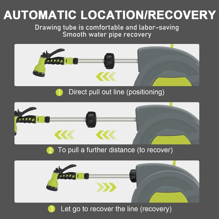 DEWINNER: барабан для садового шлангу 20 + 2 м, автоматичний, з ручною лійкою, поворотний 180°, 7 функцій, для великих садів