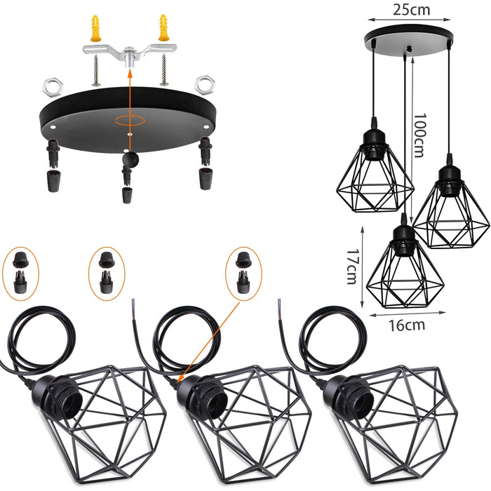 Світловий вінтажний промисловий підвісний світильник, залізна клітка E27, чорний для обіднього столу/кухні, 3-