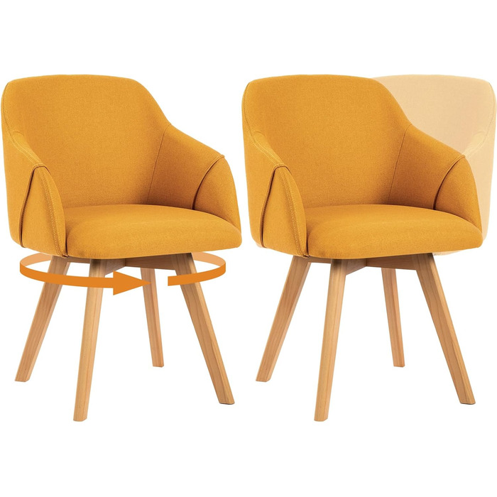 Обідальні стільці Bekrvio (2 шт) з обертанням та підлокітниками – 360° для їдальні, стільці до обіднього столу, обертаються, з м'яким сидінням, з дерев'яними ніжками з масиву бука, жовті, з тканини льон
