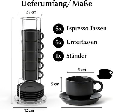 Набір кавових чашок Miamio Le Papillon (Чорний) 6 шт. по 75 мл з підставкою та стійкою