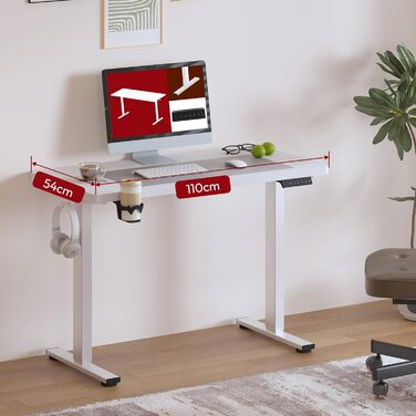 Регульований за висотою стіл Sanodesk з великою стільничною поверхнею, аксесуарами (тримач для напоїв, гачки, органайзер, кабель-менеджмент), ергономічний для офісу та дому, горіх, 110x54 см, білий+горіх