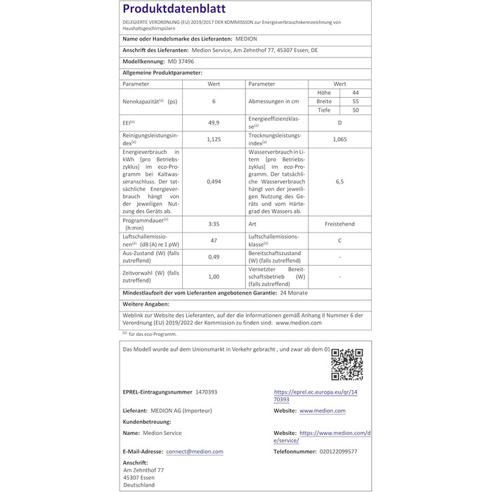 MEDION Посудомийна машина DWT60 (6 комплектів, 7 програм, ECO, AquaStop, LED дисплей, захист від дітей), чорна