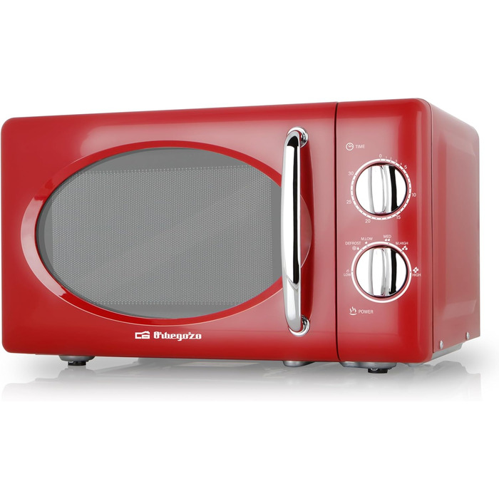 Мікрохвильова піч Orbegozo MI2020 20л, 700 Вт, червона, ретро-дизайн, 6 рівнів потужності, таймер 30 хв