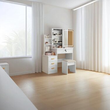 Трюмо YuYe з LED-підсвічуванням, регульованою яскравістю, дзеркалом, пуфом, 5 шухлядами та 3 полицями, сучасний комод для макіяжу з дерева, білий (125)