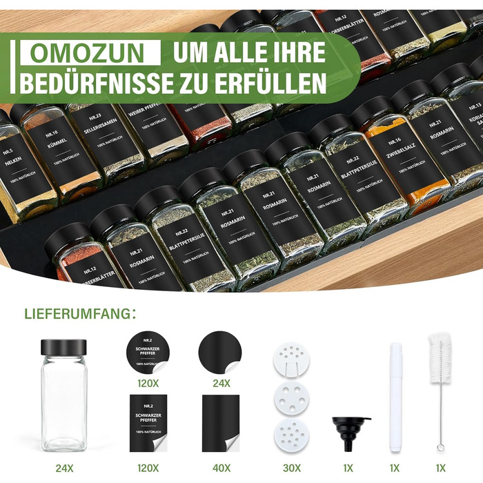 Набір кутових банок для спецій з етикетками (24 шт.): скляні дозатори для спецій 120 мл з ситечком, вологостійкі етикетки, органайзер для спецій у шухляду, чорний колір