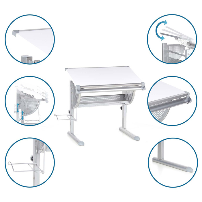 Дитячий стіл BELIA регульований по висоті та куту нахилу, білий / сріблястий, hjh OFFICE