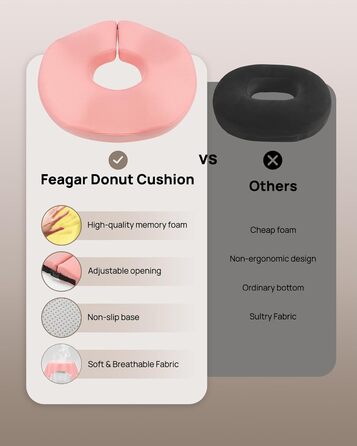 Ортопедична подушка-кільце Feagar для сидіння, ергономічна подушка-пончик від геморою, ішіасу та для післяпологового відновлення, регульована (Рожева, стандарт 60-100 кг)