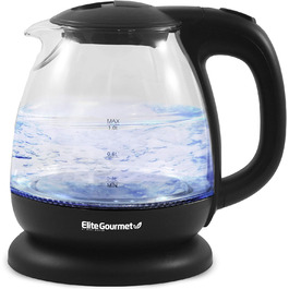 Електричний скляний чайник Elite Gourmet EKT1001 без бісфенолу А, бездротова основа на 360, стильний синій світлодіодний салон, зручна функція автоматичного вимкнення швидке кип'ятіння води для чаю та багато іншого, 1 л, чорний 1 л