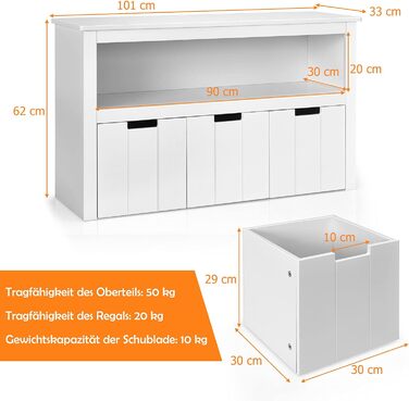 Шафа для іграшок COSTWAY, дитяча полиця з 4 ящиками, дерев'яна (102x33x62 см, білий)