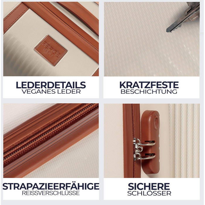 Набір валіз FERGÉ Milano 5-Piece: 3 розміри + сумка для подорожей + органайзер для косметики. Легкі валізи на 4 колесах, бежево-коричневий колір