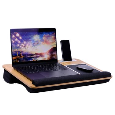 Підставка для ноутбука в ліжко та диван – з подушкою, тримачем для телефону та підкладкою для зап'ястя – підходить для ноутбуків до 17' – легка та комфортна для офісу, навчання та відпочинку (Сірий, Чорний)