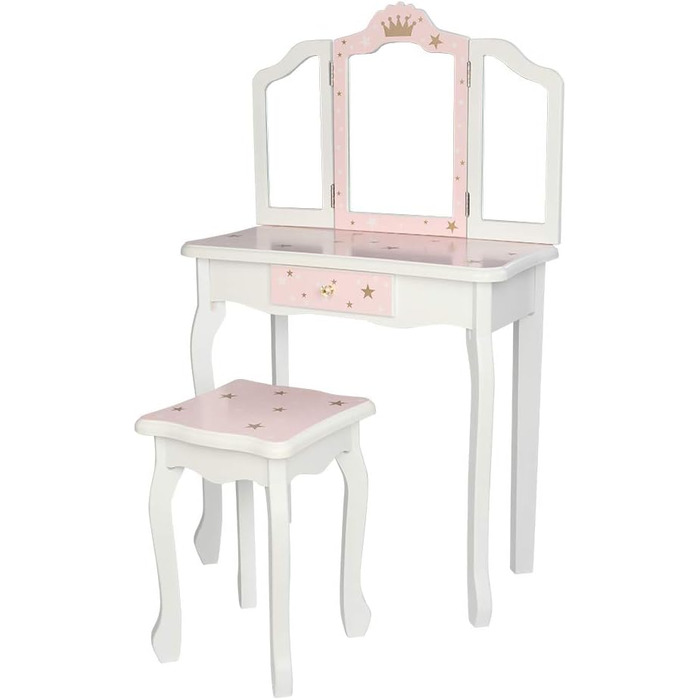 Дитячий туалетний столик LEADZM з пуфом для дівчаток, з двома дзеркалами 180°, комод з шухлядою, для дітей 3-9 років (білий & рожевий)